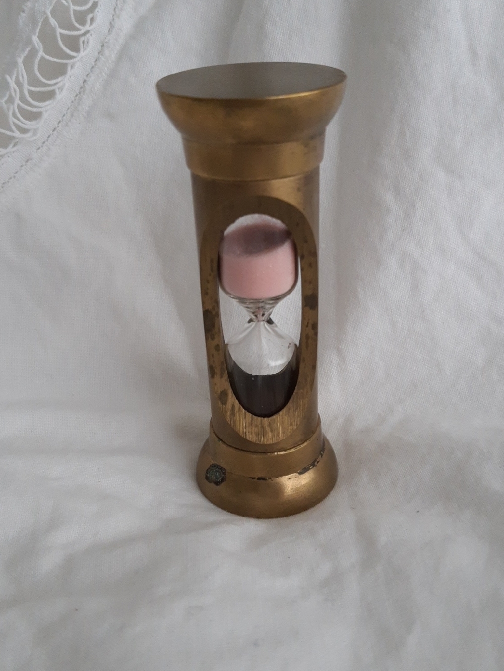 Brass-Tone Decorative Hourglass with Pink Sand